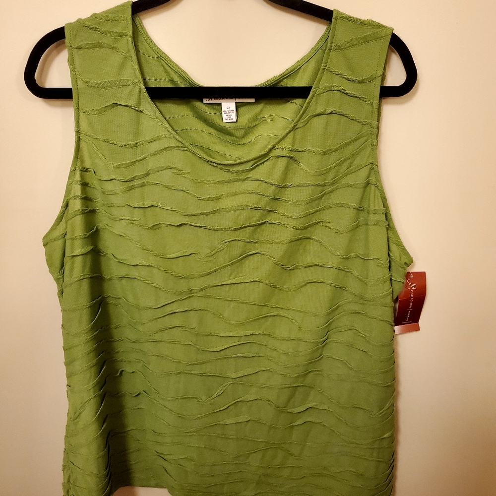 Womens green JM tank top. Small ruffle detail.